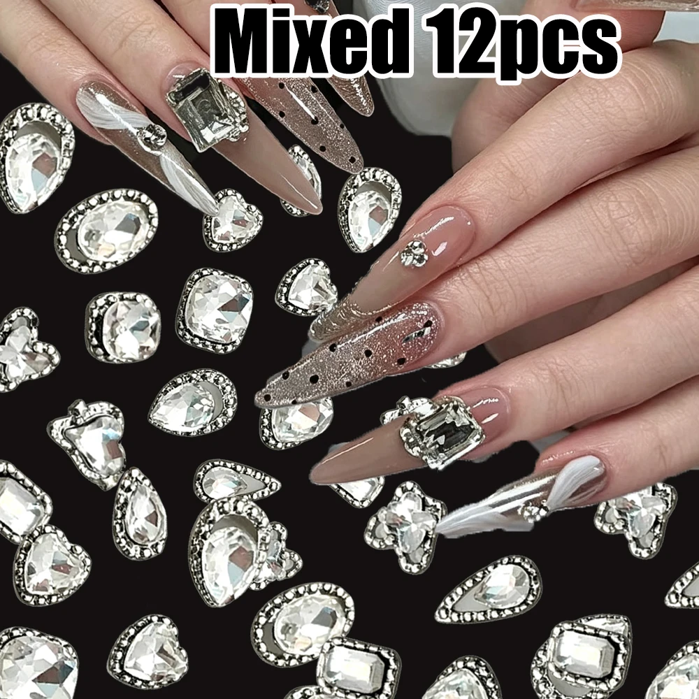 10/12Pcs Mixed Luxury Silver Frame Clear Diamond Nail Art Rhinestone Oval/Fat Square/Love Heart/Butterfly Crystal NailGem 10mm