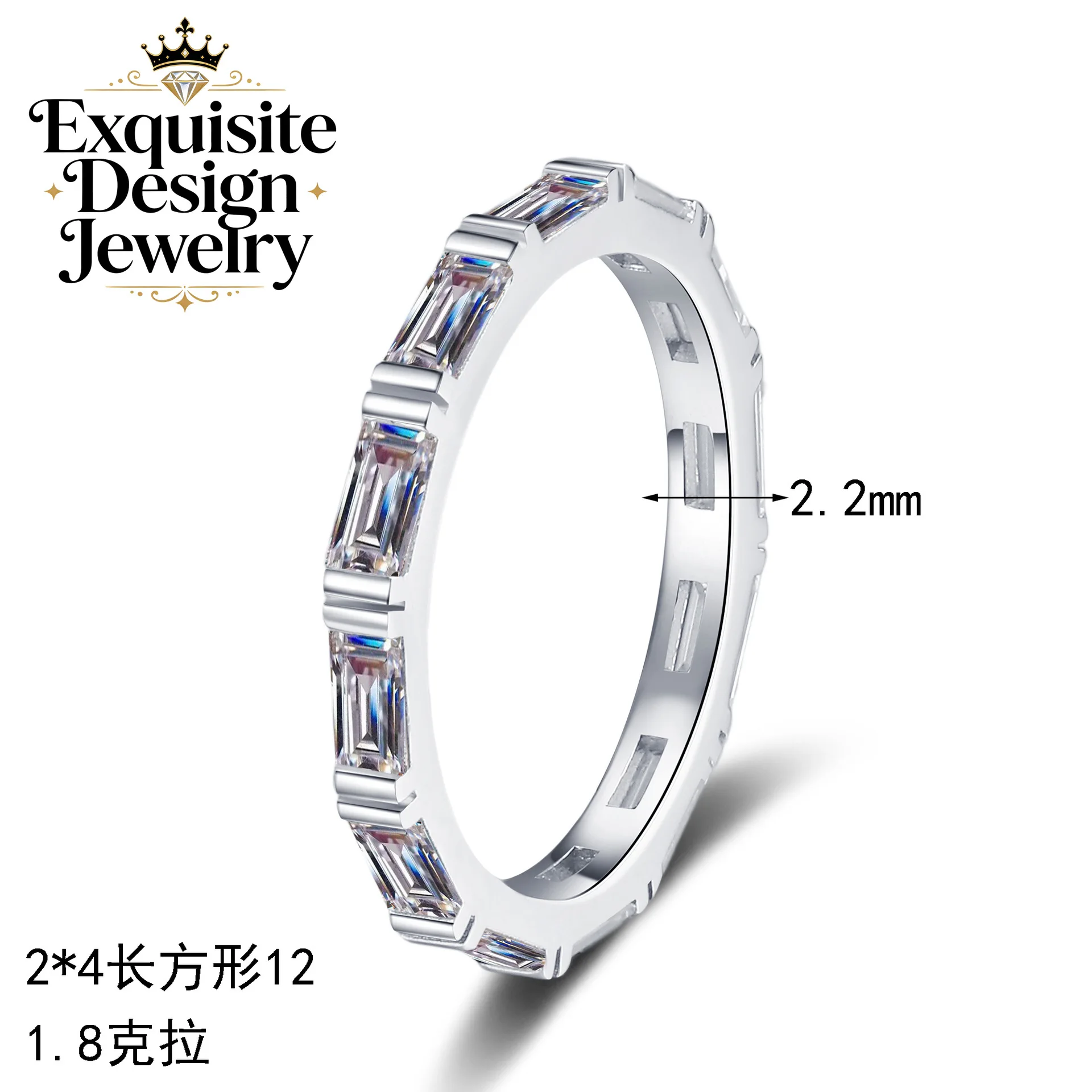 Exquisite Platinum PT950 Dazzling Womens Ring with 1.8-carat Full Moissanite Rectangular Bamboo-style Wedding Band