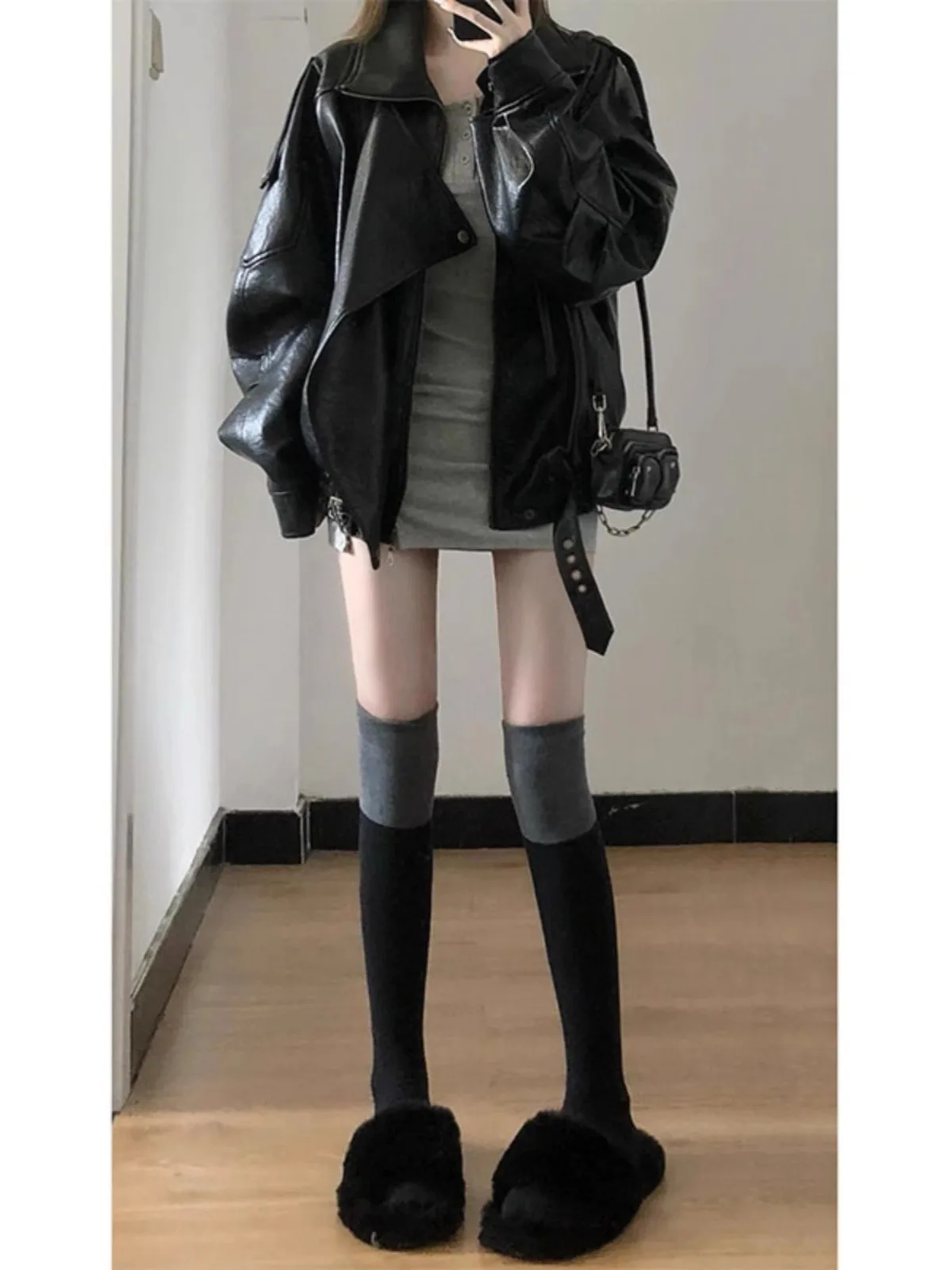 เสื้อแจ็คเก็ตหนังสไตล์เรโทรสำหรับผู้หญิง ฤดูใบไม้ร่วง ฤดูหนาว หนัง PU แบบมีซิป แฟชั่น เสื้อคลุมลำลอง