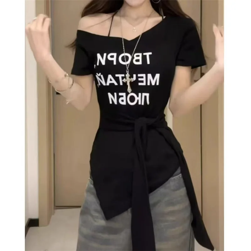 Collar Strap Waist Cinching Slimming Slimming 2025 Top Summer New Design Letter T-shirt Slanted Shoulder Short Sleeved Strap