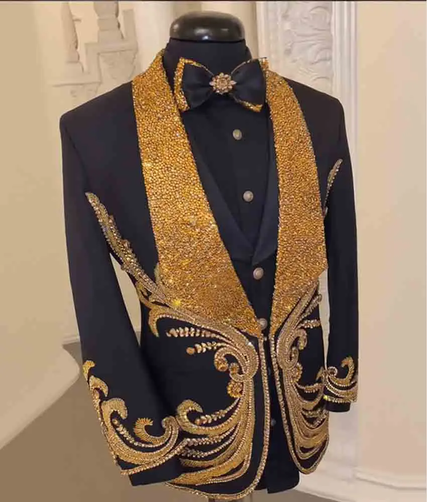 

Men's Gold Beaded Shawl Lapel Blazer Slim Fit Black for Wedding Prom, Party and Stage Performance Wear.
