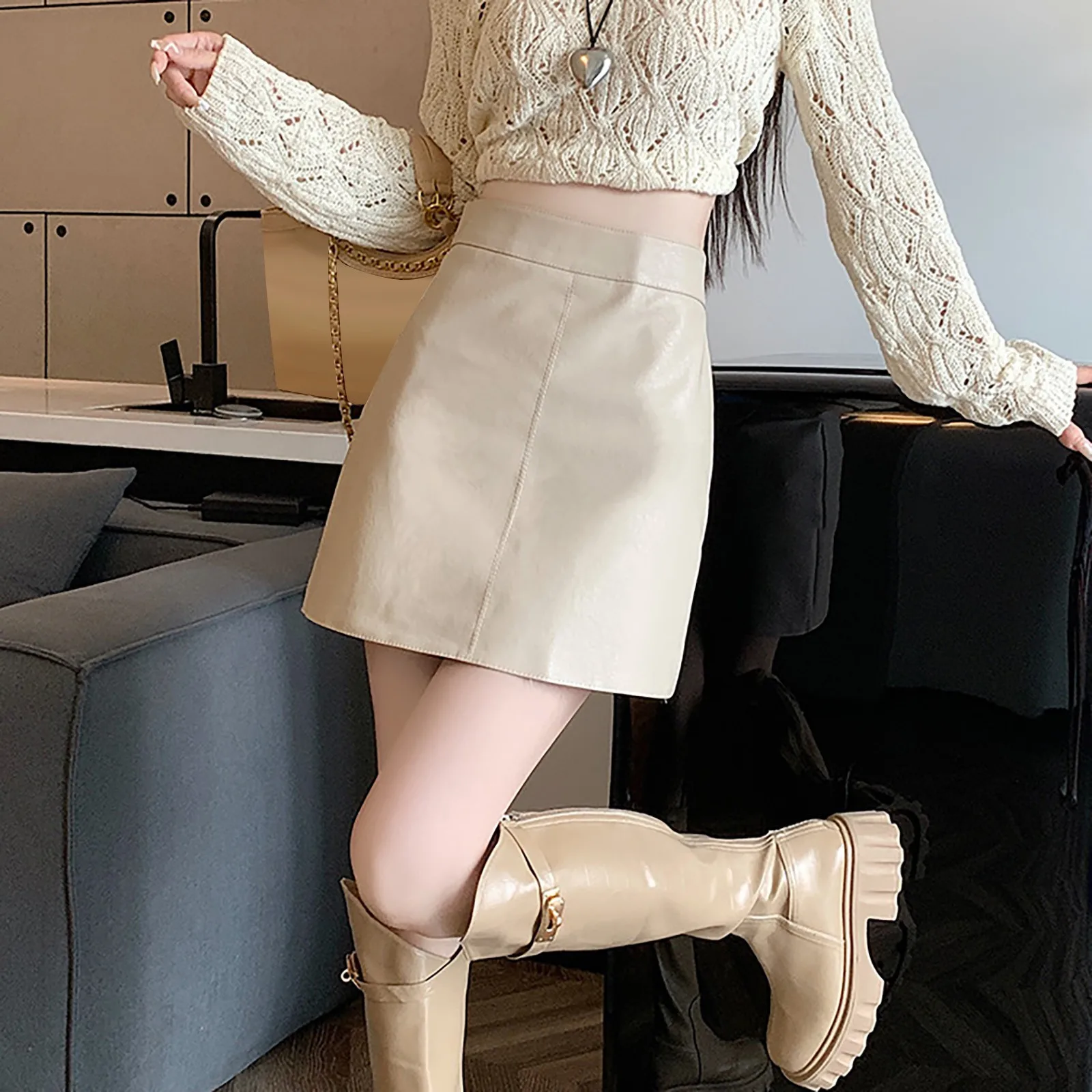 Autumn Winter Sexy Short PU Leather Skirt Women Korean Fashion Slim High Waist Black Red Khaki Beige Coffee Pencil Mini Skirt