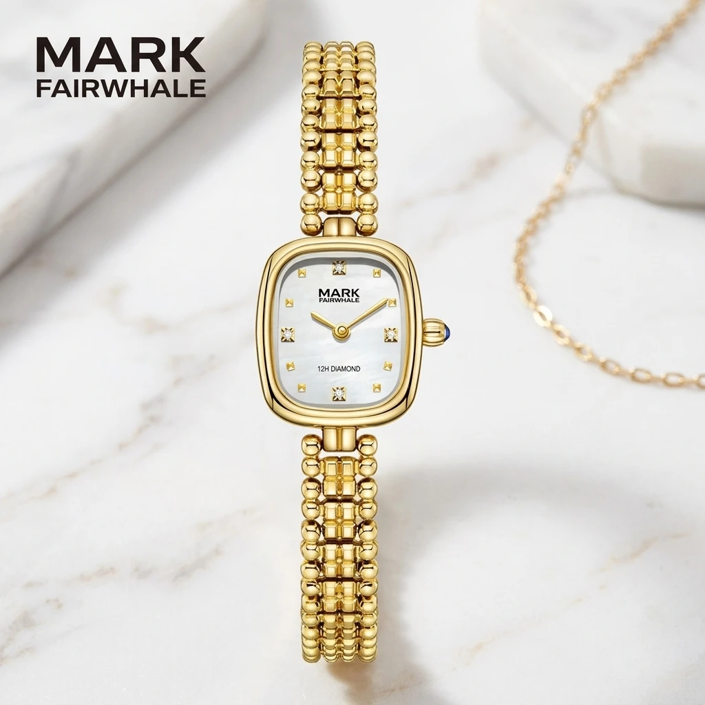 MARK FAIRWHALE Ladies Quartz Watch Oval Case Rhinestone Dial Beaded Metal Bracelet Elegant Female Dress Wristwatch
