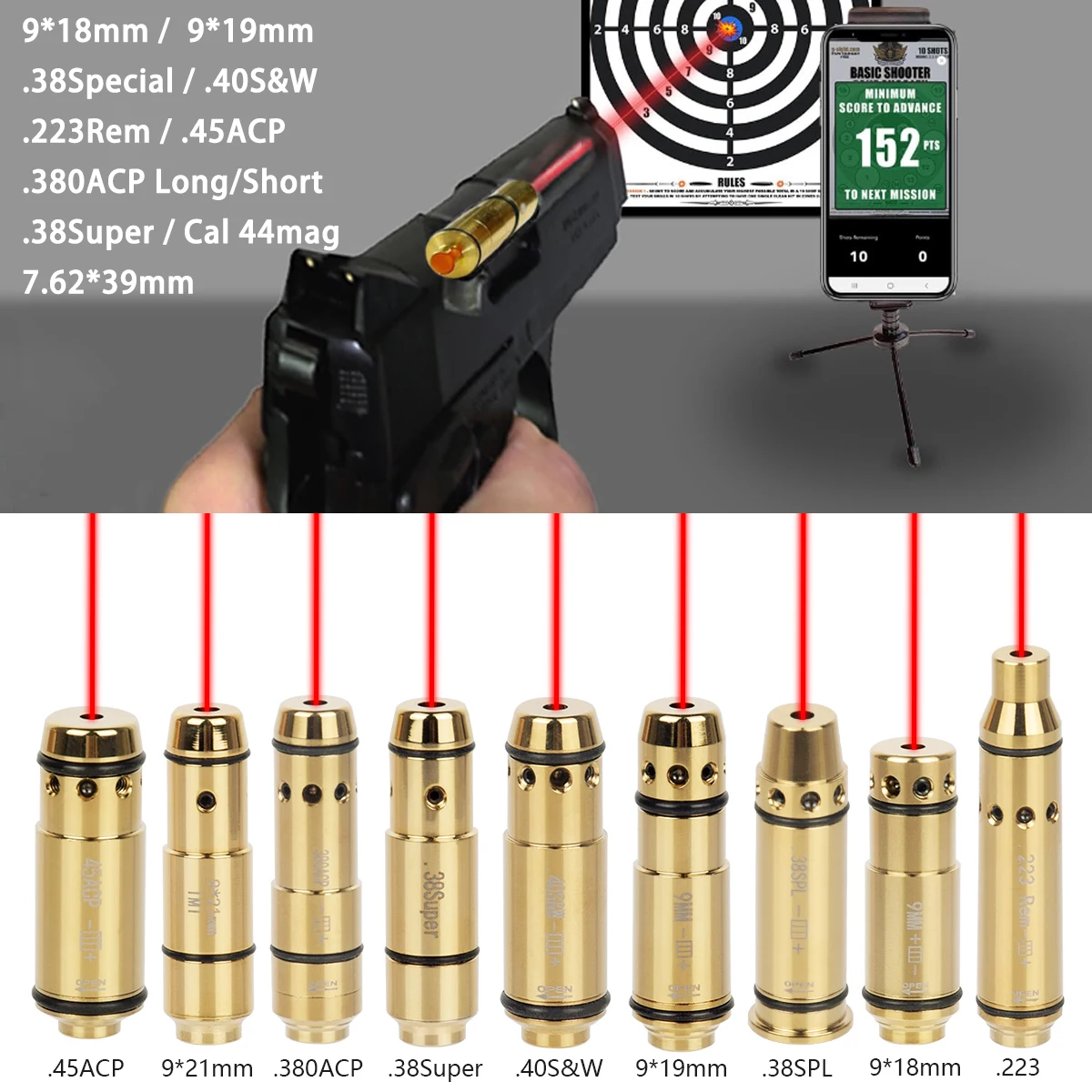 

Tactical Red Laser Training Bullet 9mm 7.62*39 380ACP 40S&W .223Rem 45ACP 44mag 9x19mm AK47 Dry Fire Laser Trainer Cartridge
