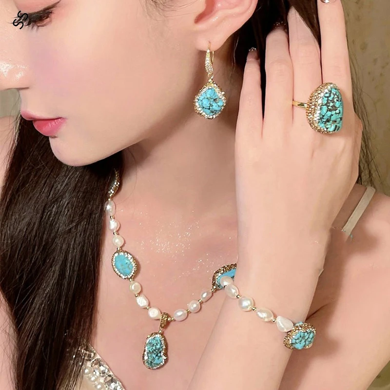 

Artificial Turquoise Sweater Chain Ichthyme Dazzling Baroque Pearl Zircon Bracelet Necklace Earring and Open Ring Combination