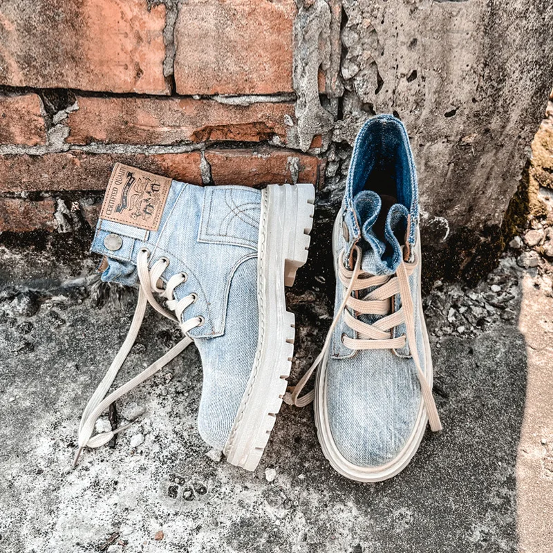 

Retro Ankle Boots for Women's Lace Up Thick Sole Shoes Female Round Toe Short Boots Work Dress Western Denim Boots Shoes women