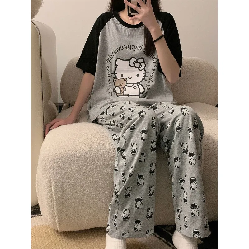 Sanrio Grey Hello Kitty Sleeper Pants for Summer Casual Wear Loose Spring and Autumn Long Home Pants