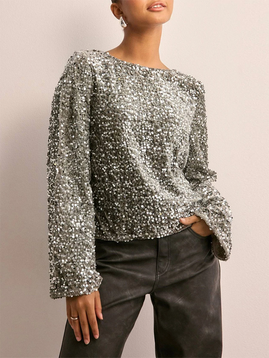 Women's Glitter Sequin Tops Casual Long Sleeve Round Neck Back Bow Blouse Party T-Shirts Streetwear