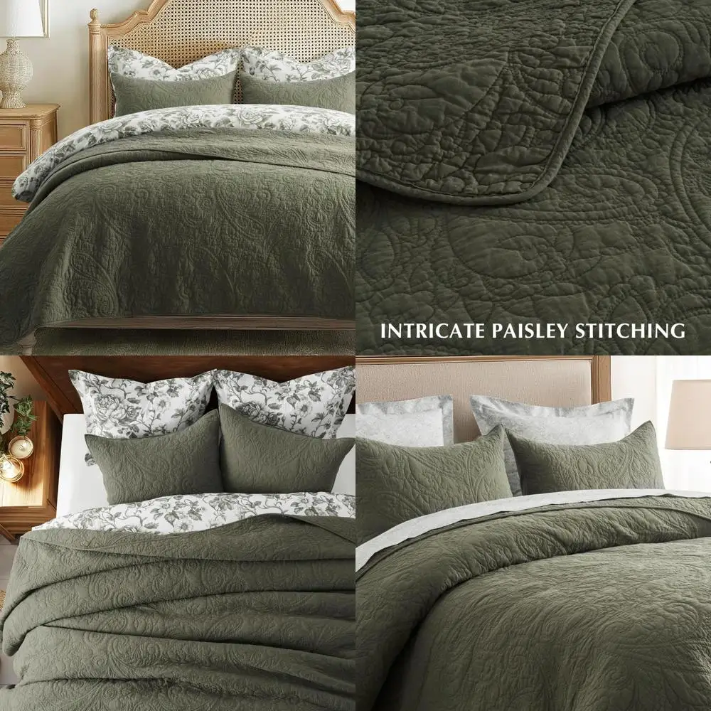 

King Size 100% Cotton Paisley Quilt Set with 2 Shams - Prewashed Lightweight Bedspread, Soft and Breathable