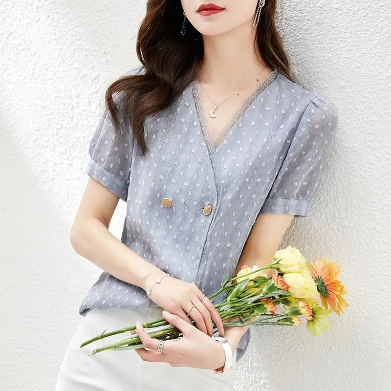 Korean Fashion Summer New Women's V-Neck Solid Color Lace Patchwork Double Breasted Temperament Loose Short Sleeve Shirts Tops