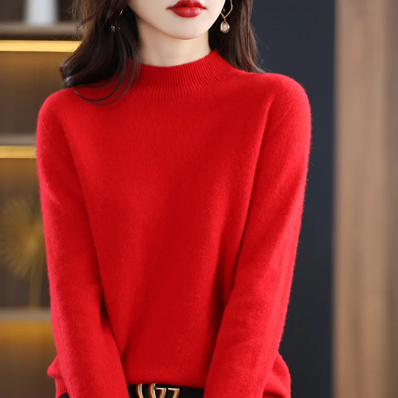 Autumn Woman\'s Sweaters Female Pullover Long Sleeve Half Turtleneck Basic Style Jumper 100% Wool Knitted Tops Cashmere Sweaters