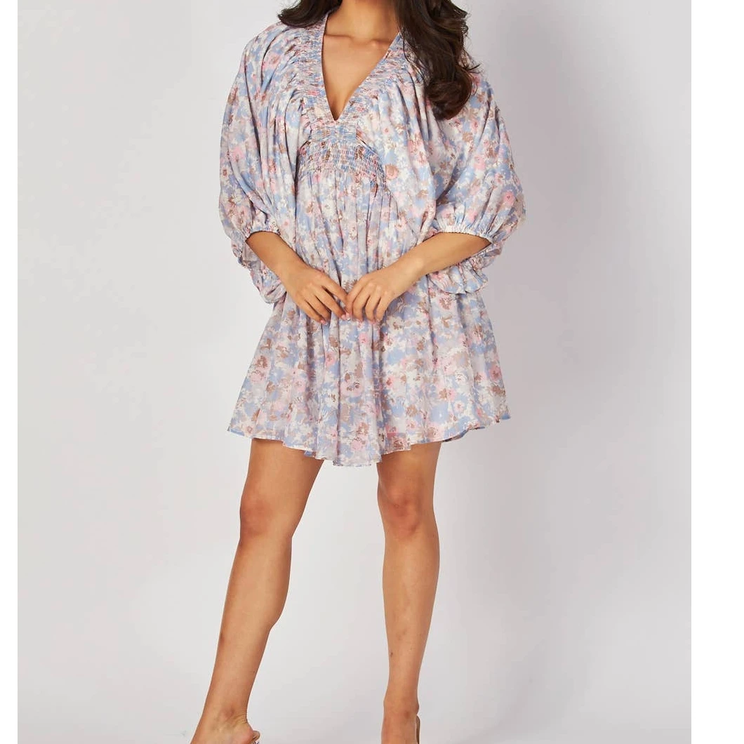 Mini abito da donna elegante autunno al ginocchio manica lunga scollo a V profondo stampa floreale abito da festa abiti traspiranti