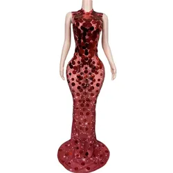 Sparkly Sleeveless Floor Length Round Sequins Dress Women Singer Birthday Evening Prom Outfit Red Photoshoot Dress