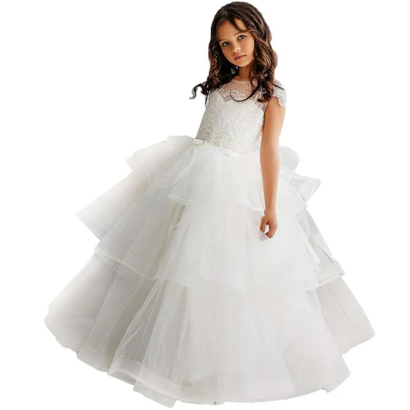 White Flower Girl Dresses Tulle Puffy Appliques Tiered Sleeveless For Wedding Birthday Party First Communion Gowns