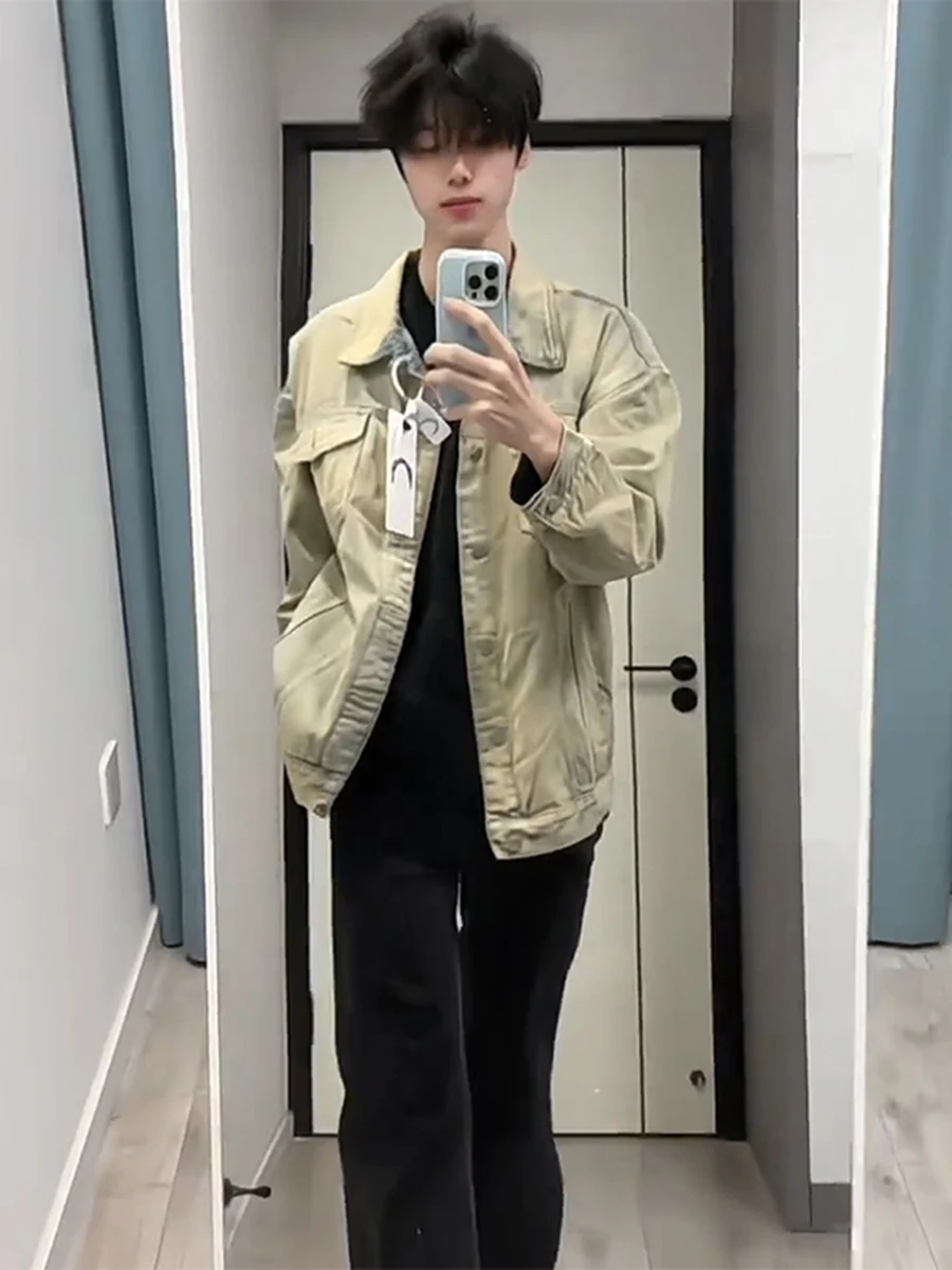 

Мужская джинсовая куртка цвета выцветшей глины, винтажная, весенняя, премиум-класса, в американском ретро-стиле, рабочая одежда, верхняя одежда