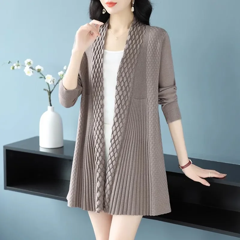 

Fashion V-Neck Mid-Length Cardigan Sweater Women 2025 Spring Autumn Long Sleeves Knitwear Cardigans Female Loose Clothes B1331