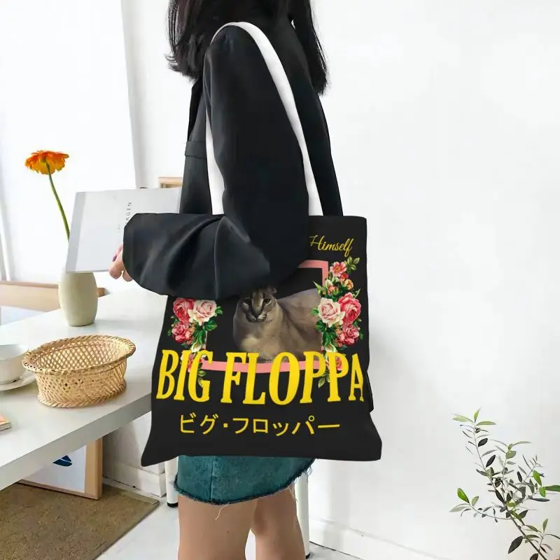 Big Floppa Floral Aesthetic Grocery Tote Shopping Bag donna Kawaii Cat Canvas Shopper borsa a tracolla borse di grande capacità