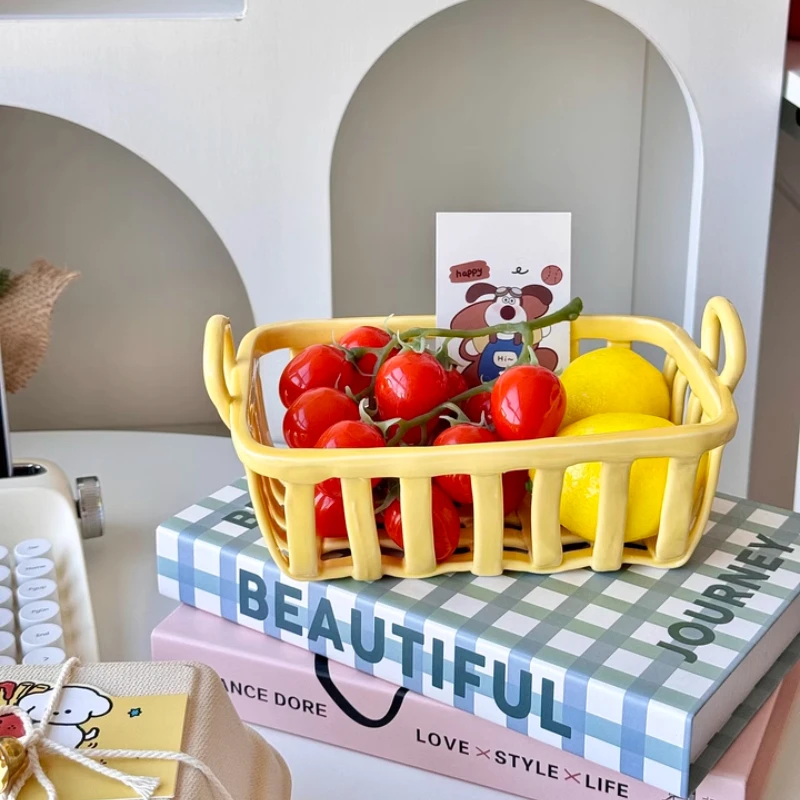 

Nordic Ceramic Fruit Basket Hand-woven Household Tabletop Storage Basket Hollow Out Striped Decorative Bowl for Home Décor