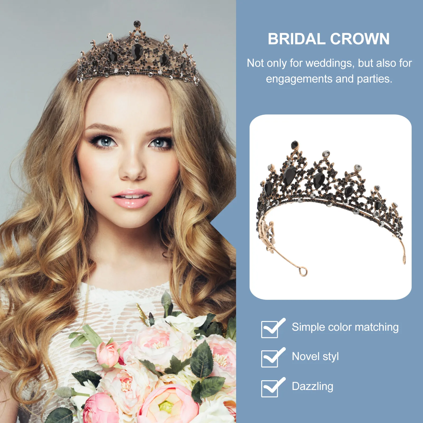 

1Pcs Bridal Retro Alloy Crown Vintage Styled Headband Wedding Birthday Party Headwear Black Stylish Hair Accessory