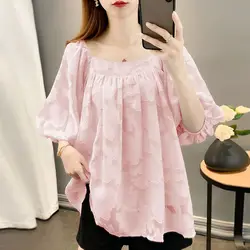 Sweet Puff Sleeve Stylish Jacquard Weave Shirt Summer Loose Korean Folds Patchwork Female Clothing Elegant Square Collar Blouse