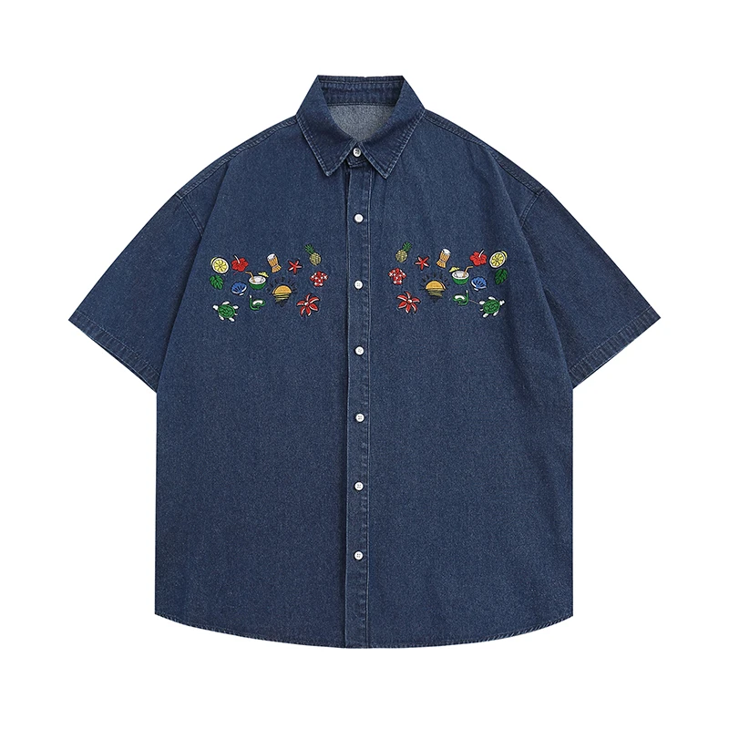 

American Vintage Fun Embroidery Denim Short Sleeve Shirt for Men and Women Loose Summer Shirts