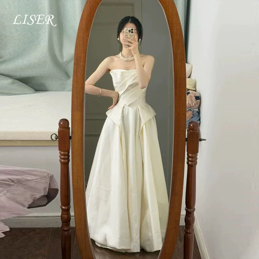 

Liser Strapless Simple A-Line Korea Wedding Dresses Silk Satin Photo Shoot Elegant Bridal Gowns 웨딩드레스 Corsets Back Customize