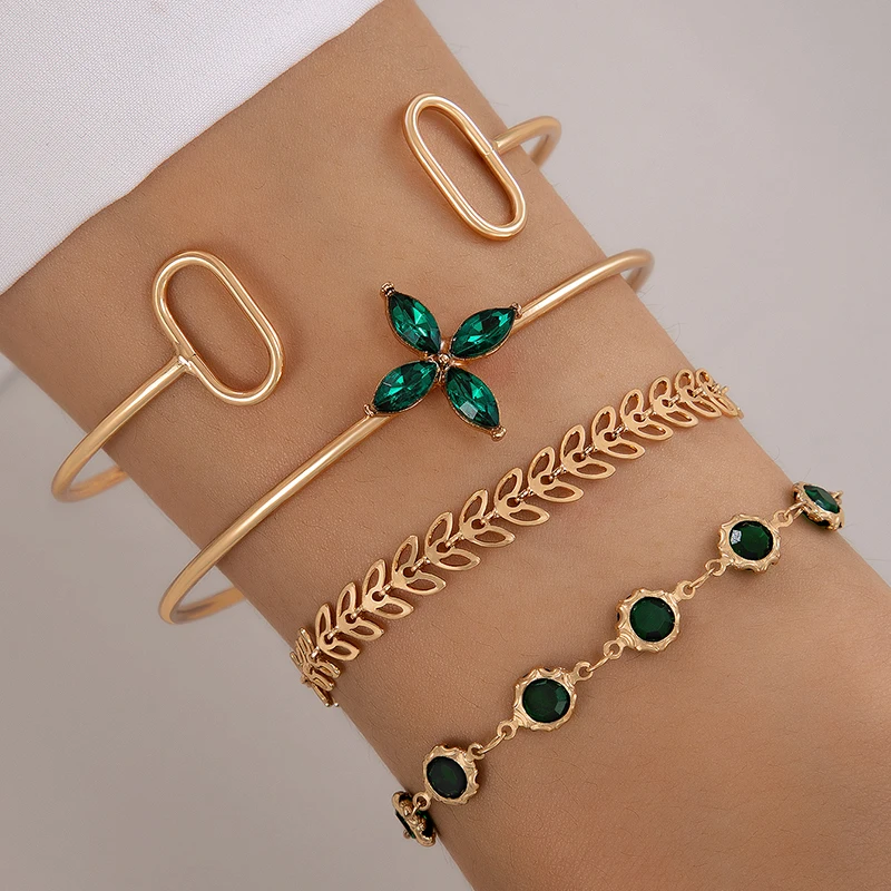 Tocona Vintage Green Brick Inlaid Flower Leaf Four Piece Bracelet for Women's Geometric Alloy OT Open Bracelet Set браслет23654