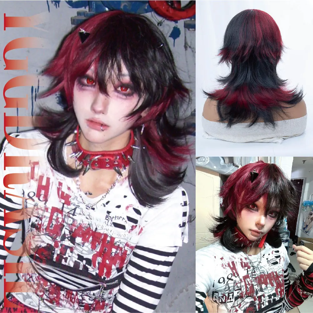 18Inch Tomboy Style Black And Red Synthetic Wigs With Bangs Medium Wavy Layered Hair Wig for Man or Women Cos Heat Resistant