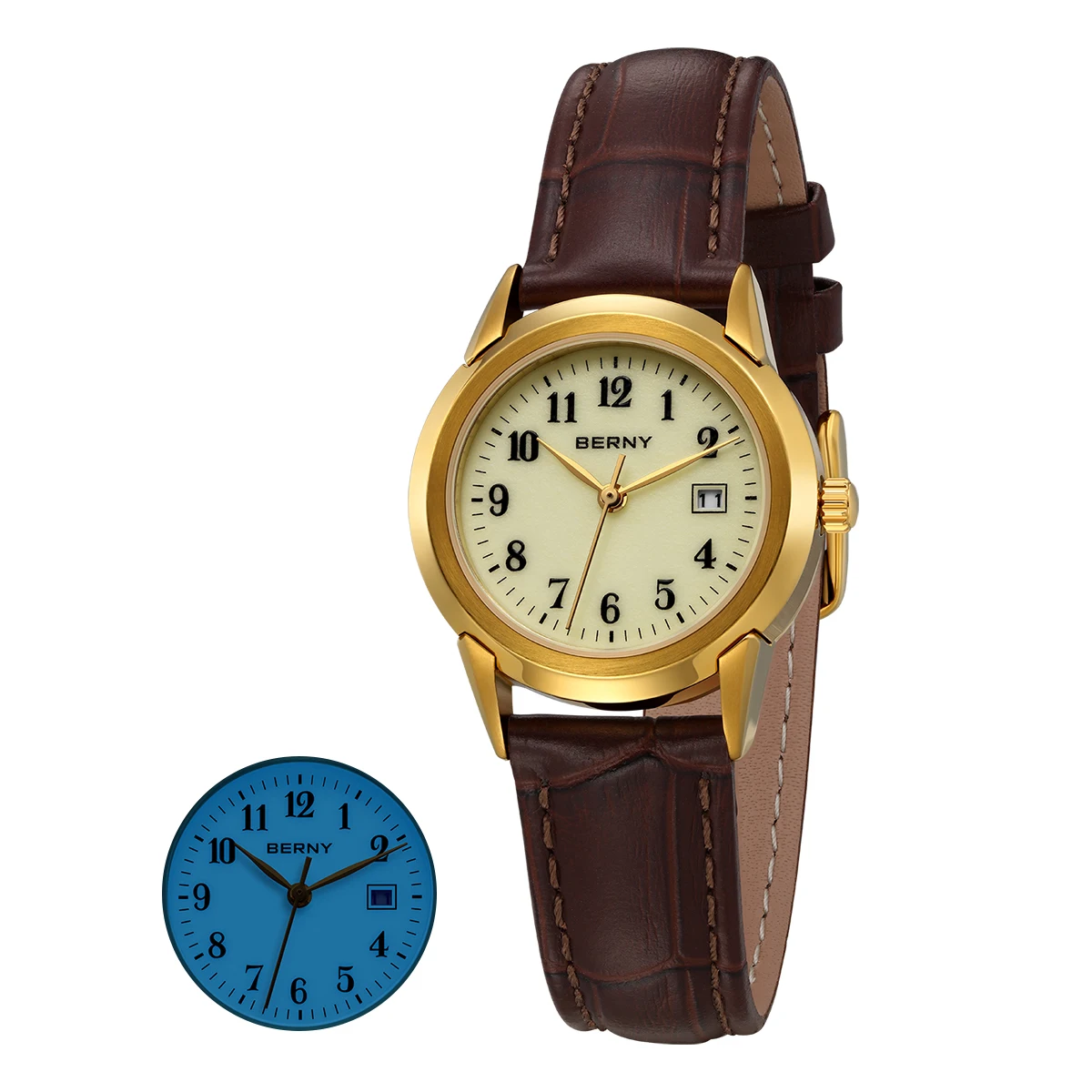 

BENRY Golden Women's Quartz Watch Fashion Ladies Wristwatch Luminous Date Display Dial Leather Strap Waterproof Women Watches