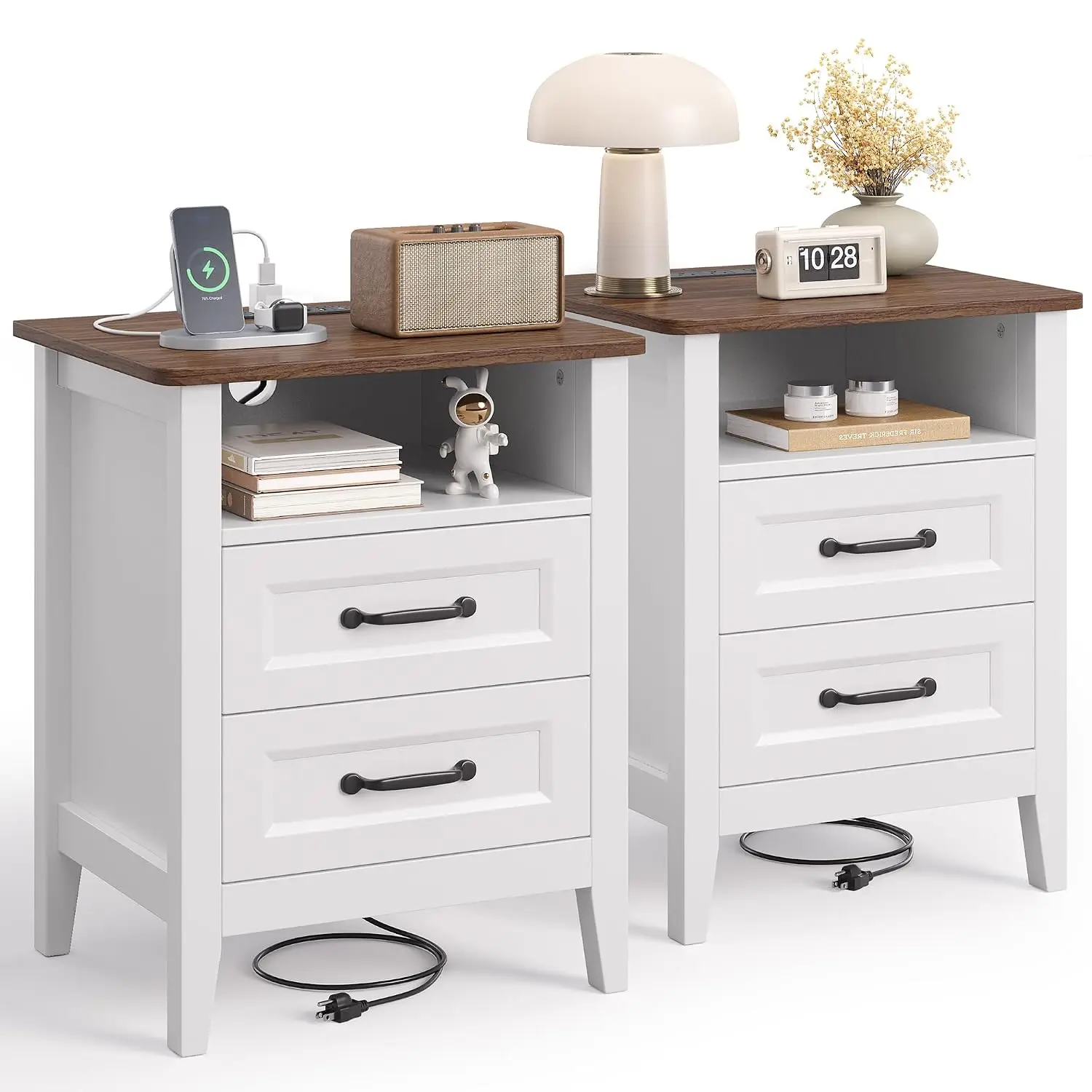 Farmhouse Nightstand Set of 2 with Charging Station, White End Table with 2 Drawers & Open Shelf, Wood Bedside, Customized