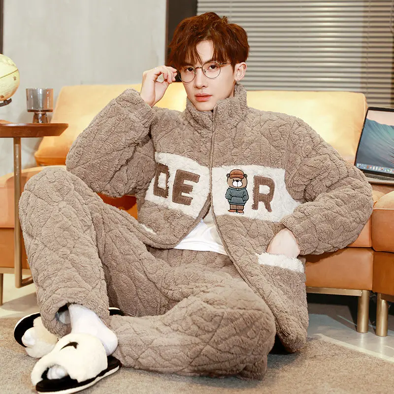 Sleepwear Men Winter Homewear Plush Thick Three-layer Cotton Sleep Clothes Sets Flannel Home Suits Coral Velvet Warm  pajamas