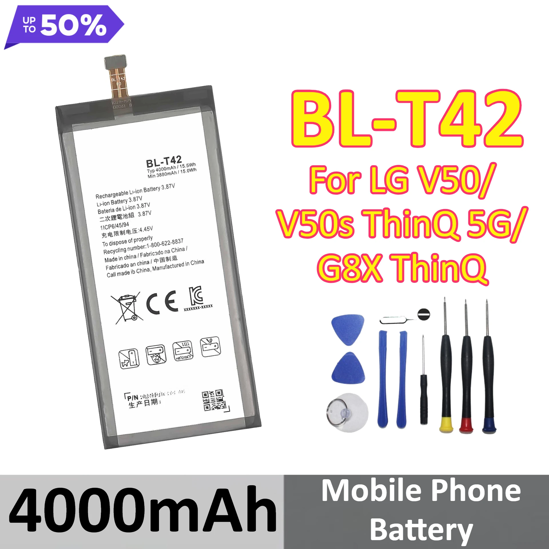 

BL-T42 4000mAh Mobile Phone Battery For LG V50/V50s ThinQ 5G/G8X ThinQ +Tools