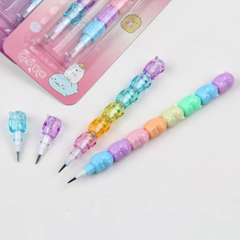 2Pcs Cartoon Animals HB Mechanical Pencils Detachable Building Block Pencil Gradient Colour Writing Stationery Kids Gift