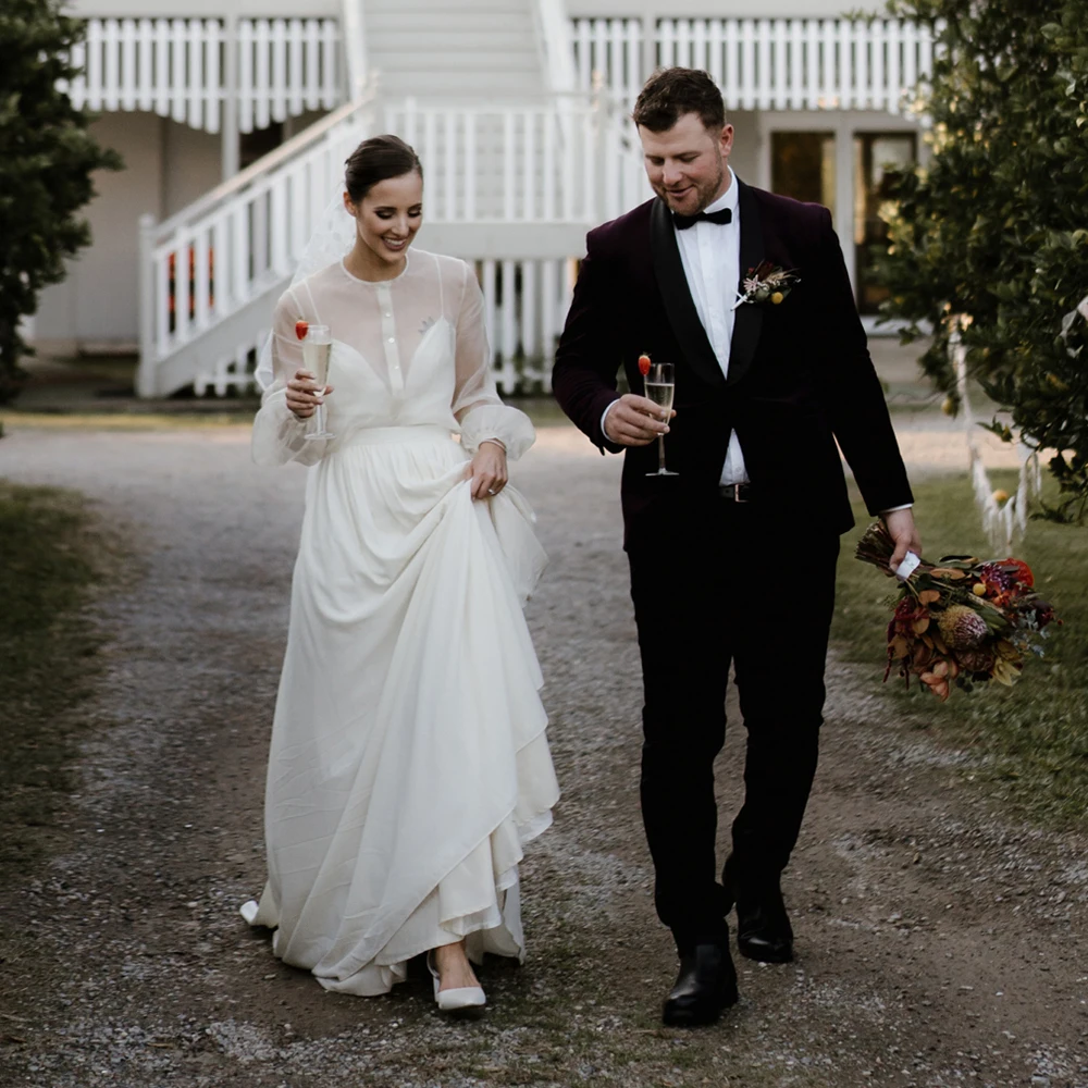 EINE Linie Transparent Lange Puffy Sleeve Hochzeit Kleid Nach Maß Spaghetti-trägern Chiffon Rustikalen Elopement Klassische Brautkleider