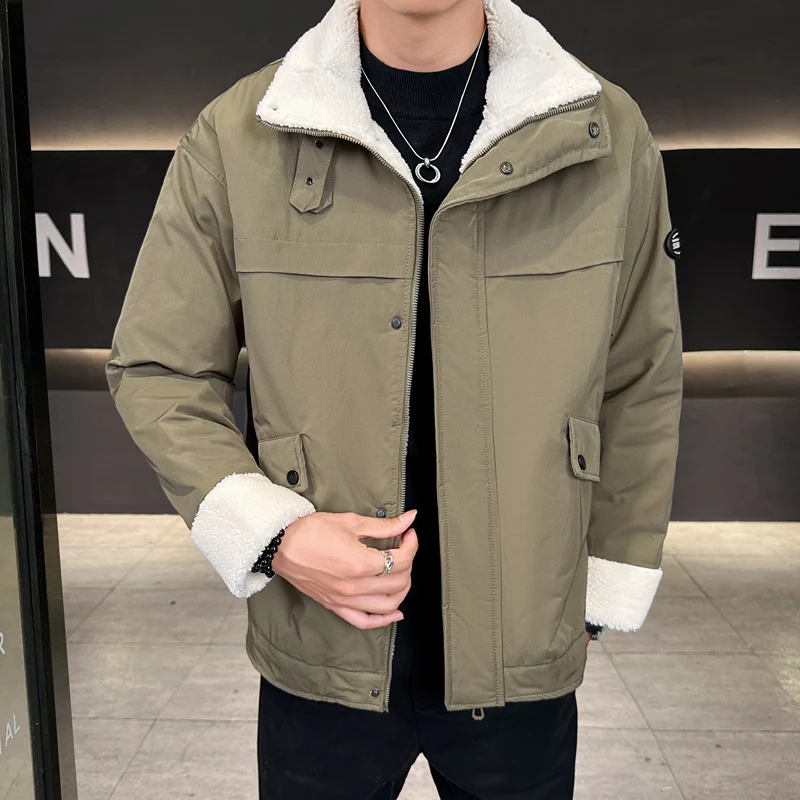 

New Trendy Polar Fleece Jacket 2025 Autumn Winter Men's Fur Collar Parkas High Streetwear Loose Plush Liner Coat Youth Thick Top