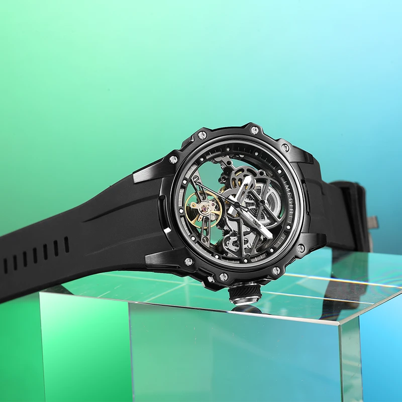 MEGIR 2243 جديد برميل النبيذ الأزرق توربيون ساعة ميكانيكية أوتوماتيكية فاخرة الجوف الهاتفي 30 متر مقاوم للماء الساعات الفاخرة للرجال