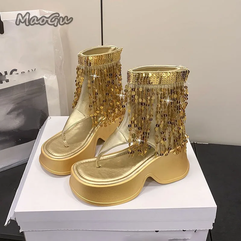 

Sequin Fringe Thong Platform Wedge Sandals Woman Open Toe Gladiator Ankle Boots Sparkly Chunky Heel Party Shoes Modern Ladies