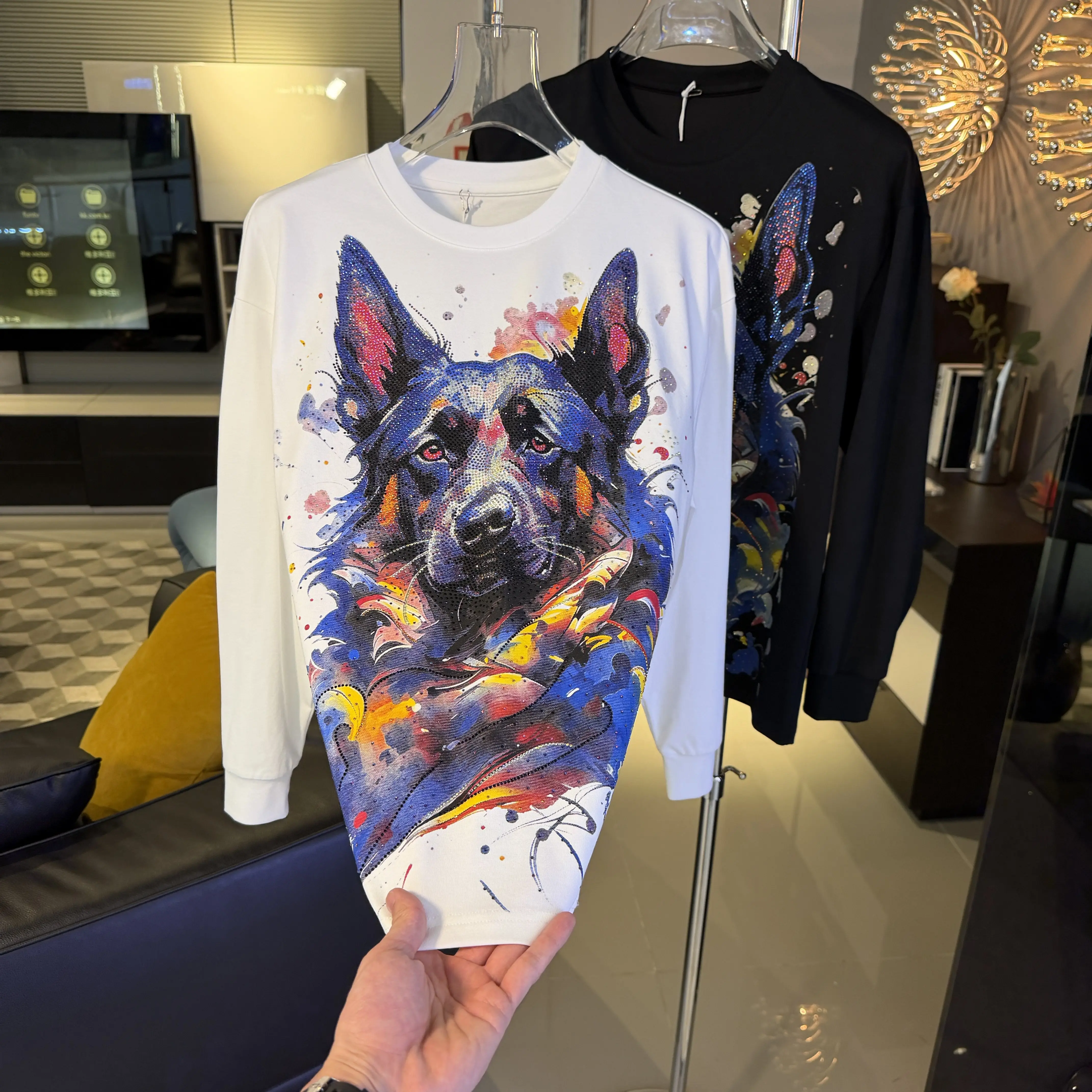 Handsome New Autumn Winter Long Sleeve Basic Sweatshirt All-match Male Round Neck Luxury Hot Diamonds Large Size Pullover Tops