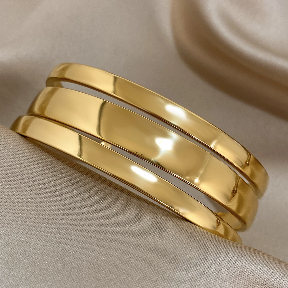 

Freetry New Fashion Three Layered Stainless Steel Open Bangle for Women Smooth Wide Cuff Bracelets Waterproof Jewelry Gift