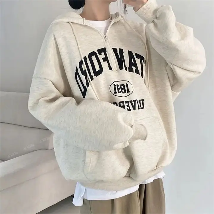 Sweatshirt women\'s hooded spring, autumn and winter thick fleece thin spring autumn winter loose thickened sweatshirt mid-length