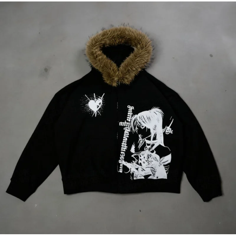 سويت شيرت بغطاء للرأس بياقة فرو مطبوعة على الطراز الأوروبي والأمريكي، قميص للجنسين، سترة بتصميم هاراجوكو داكن