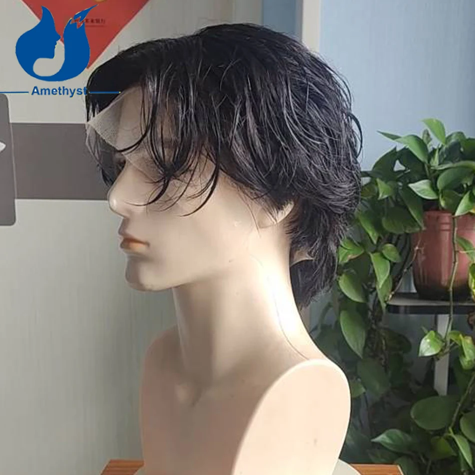 Amethyst Natural Wave Black Men's Human Hair Wig Remy Full Lace Wig Short Cut Middle Part Pre Styled Male Hairpiece