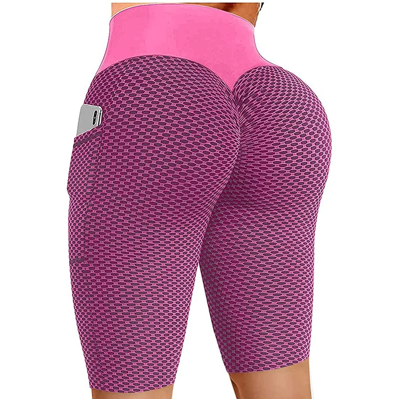 Summer Pocket Yoga Shorts Women Sexy Buttock Lifting Honeycomb Jacquard Fitness Leggings Stretch Sports Running Short Pants