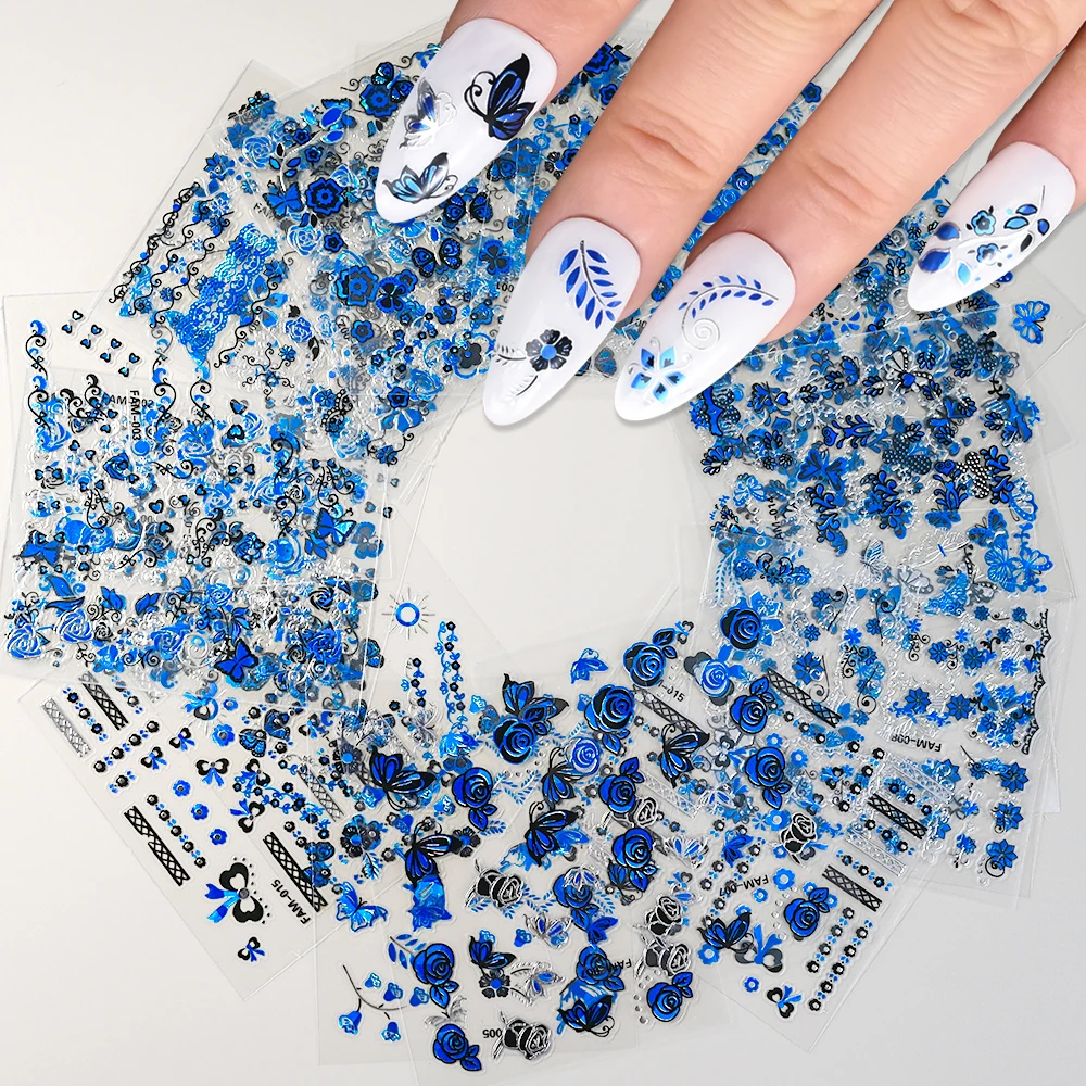 30pcs Klein Blue Butterfly Flowers Nail Art Decals Stickers 3D Retro Glitter Nail Decor Adhesive Sliders Tattoo Manicure Sticker