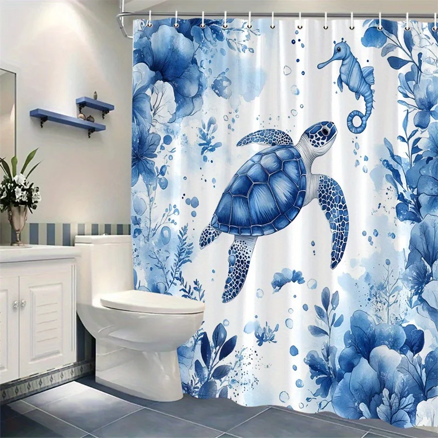 

1 шт. черепаха с синим цветочным узором, занавеска для душа, полиэфирная ткань, можно стирать в машине, подходит для украшения ванной комнаты