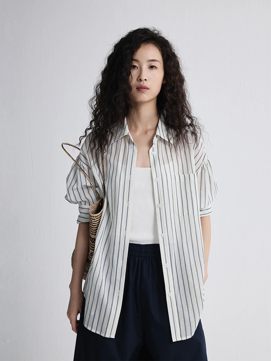 

CAREMIND Sea Salt Soda irt Thin Long Sve Vertical Stripes Outerwear Casual Loose Fit Pure Cotton Spring Autumn Women's S...