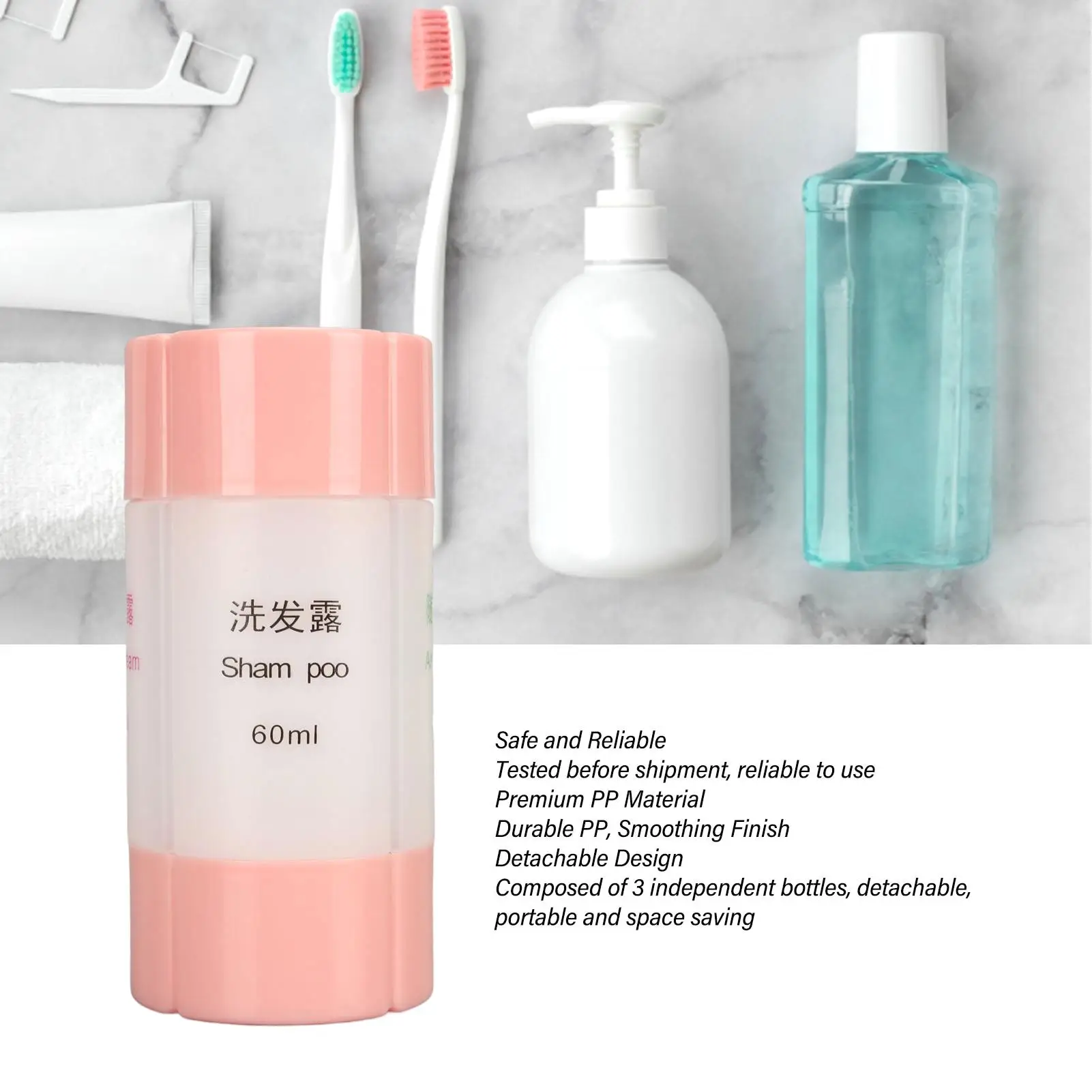 Distributeur de voyage 4 en 1 de 60ml, petite bouteille de douche légère, assemblage facile, plastique de bain polyvalent pour l'école