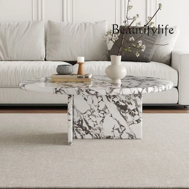 Mesa de centro de mármol natural estilo crema francesa Y, tapa lacada italiana redonda ovalada y estructura de acero inoxidable, resistente al calor