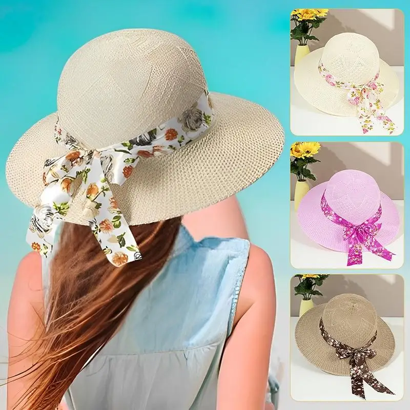 Beige Wide Brim Straw Sun Hat With Polka Dot Ribbon Bow Sun Protection For Summer Beach Outdoor Activities