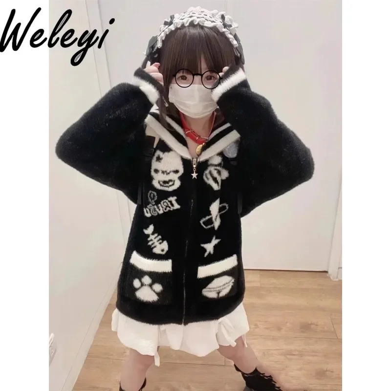 

Japanese Black and White Cute Cardigan Women Autumn and Winter Hairy Sailor Collar Sweater Lazy Style Loose Subculture Punk Coat